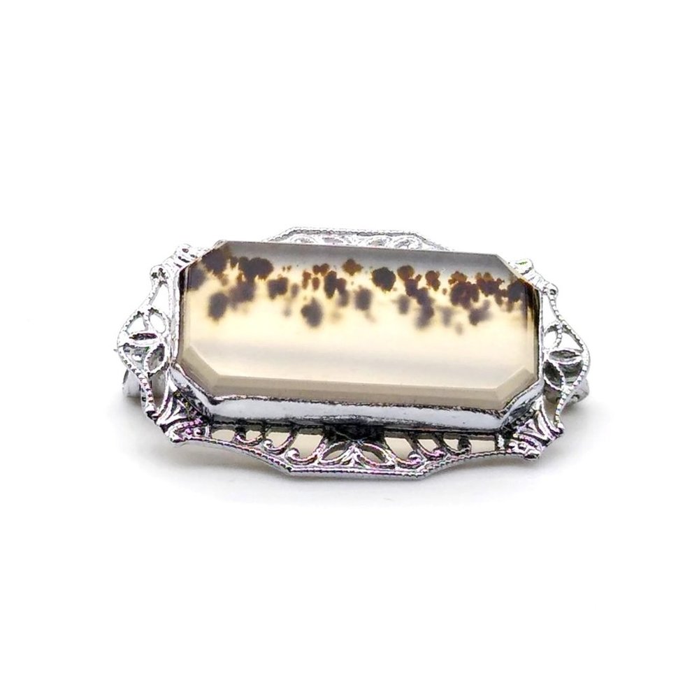 Antique Dendritic Agate Broock in Filigree 14K White Gold Frame, Elegant Shazar